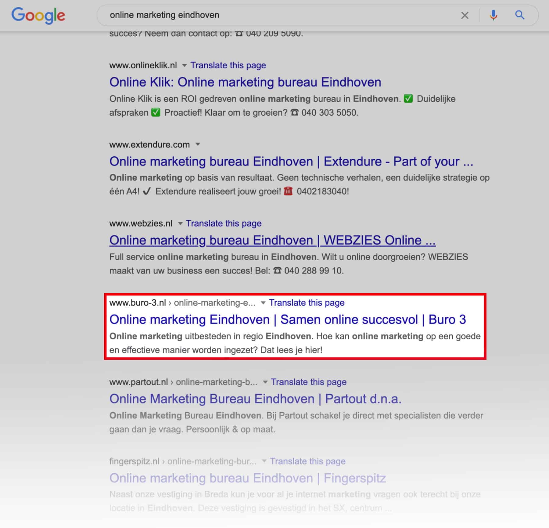 Voorbeeld SERP online marketing eindhoven