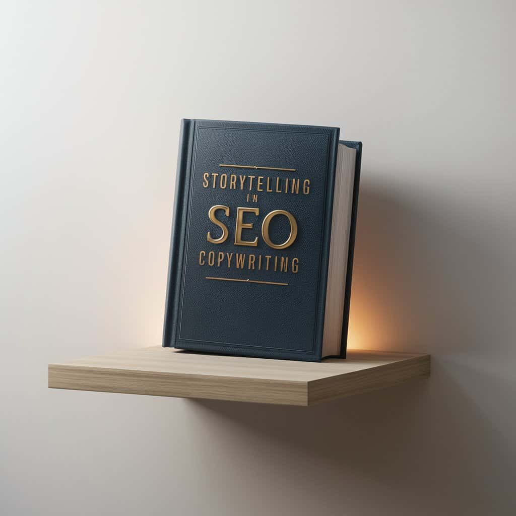 Afbeelding van boek met daarop tekst: Storytelling in SEO copywriting. Gemaakt met AI.